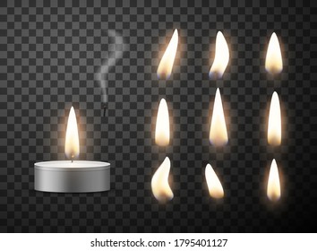 Tea candle burning and flame shapes realistic set. Fire for fragrance lamp. Candlelight, tealight, aromatherapy, meditation, yoga, wellbeing. Vector tea candle isolated on white background.