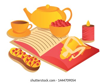 tea candle magazine education learning book Cozy "Hygge" card    Vector illustration  flat