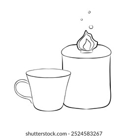 tea candle mug home relax set composition. Use for package for beauty tool. Vector stock outline illustration.
