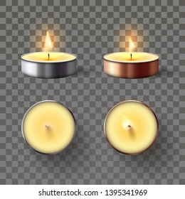 Tea candle. Romantic candles in metal flame, relaxing wax candle fire and spa aromatherapy candlelight isolated 3D vector set