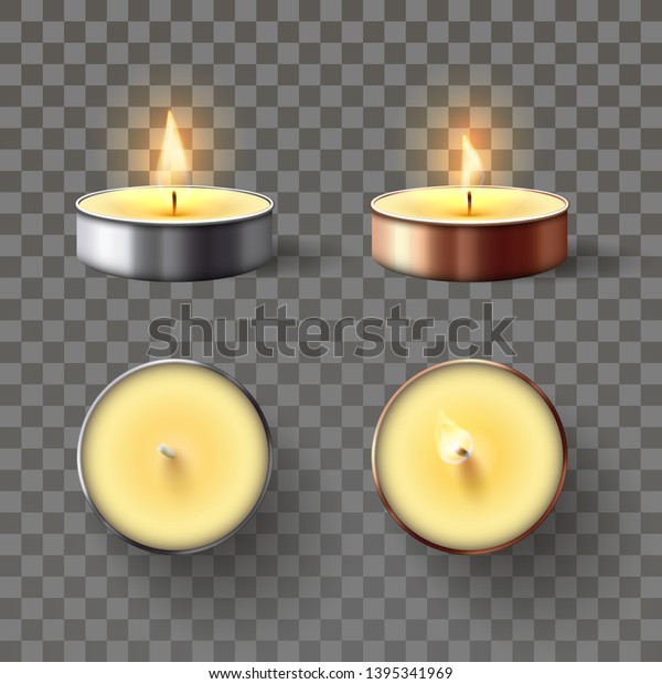Tea candle. Romantic candles in metal flame, relaxing\
wax candle fire and spa aromatherapy candlelight isolated 3D vector\
set