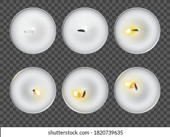 Tea Candle Set. Different Burning Light Isolated. Various Flame Shape Table Top View