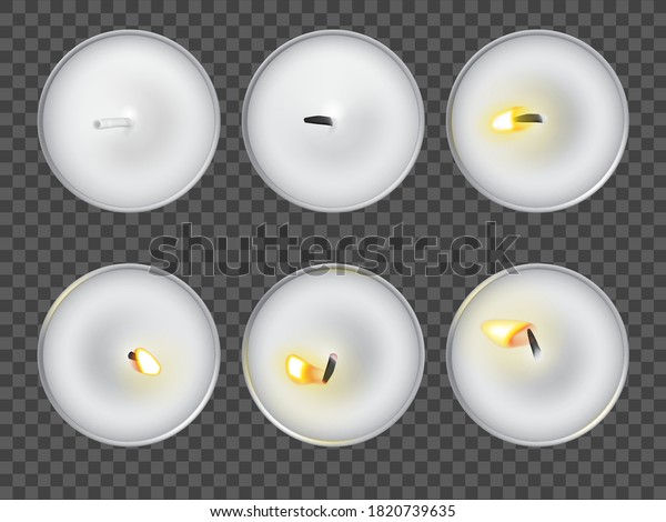 Tea candle set. Different burning light\
isolated. Various flame shape table top\
view