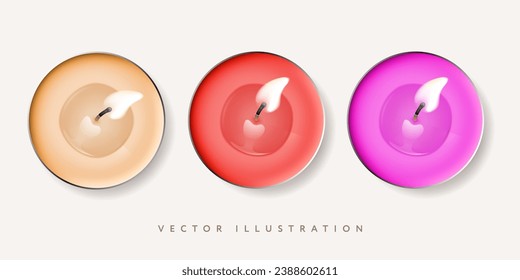 Tea candle set. Different colored burning light isolated on white background, vector illustration