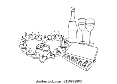 Tea candles, champagne and glasses, box of chocolates and weeding ring continuous line drawing. One line art of flowers, romantic, 14 february, heart, relationships, sweets, gift, love, peonies.