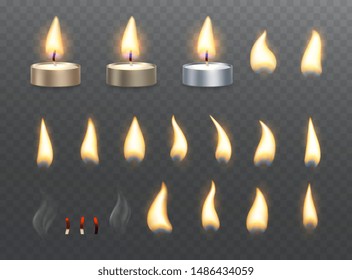 Tea candles and fire flame effects. Set of burning light effects on transparent background.