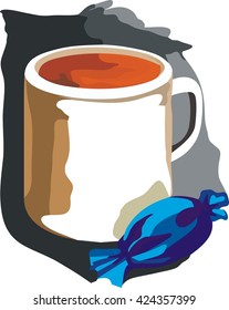 Tea with candy. Drawing. Depicts mug with tea and sweets.