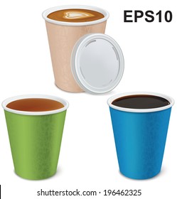 Tea, cappuccino, coffee in paper cups  isolated on white. Vector illustration