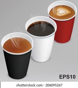 Tea, cappuccino, coffee in paper cups. Vector illustration 
