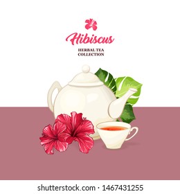 Tea Card with Hawaiian Hibiscus Red Fragrance Flower. Bright Green Leaves Vector Patterned Backdrop for Tea Packaging Print Design. Tropical Karkade or Bissap Herbal Tea