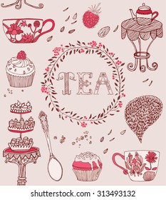Tea card. Teacups, berries and sweets. Vector illustration.