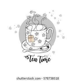 Tea card. Tea time. Hand drawing  illustration.