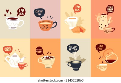 Cartas de té o afiches. tazas de té, hojas de olla y dulces. El discurso burbuja con las citas. Ilustraciones vectoriales o de dibujos animados.