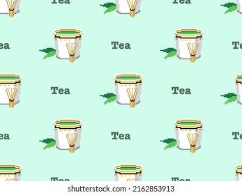 Tea cartoon character seamless pattern on green background. Pixel style