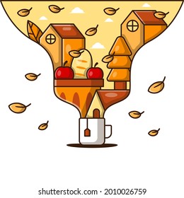 Tea Cartoon Vector Illustration with Autumn Background. Autumn Day Icon Concept