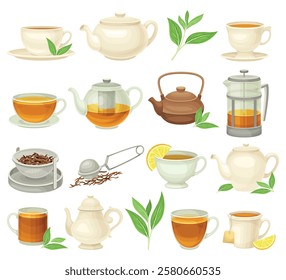 Tea with Ceramic Cup, Teapot and Green Leaf Big Vector Set