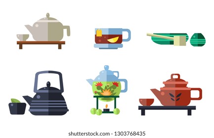 Tea ceremony accessories set, cups, teapots, tea party equipment vector Illustration