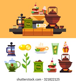 Tea ceremony and all the symbols of it: Tea, teapot, french press, lemon, tea can, cup, tasty sweet - stuff. Flat vector icon and compilation set. 