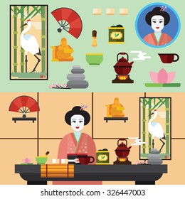 Tea ceremony and all the symbols of it. Flat vector icon and compilation set.