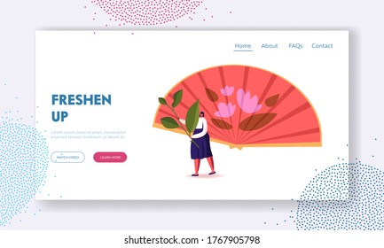 Tea Ceremony, Asian Culture and Oriental Tradition Landing Page Template. Tiny Female Character Carry Green Tea Plant Branch at Huge Chinese or Japanese Fan with Ornament. Cartoon Vector Illustration