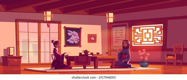 Tea ceremony in asian restaurant, women wear traditional kimono in Chinese or Japanese cafe sit at served low table on floor pillow, cafeteria interior with authentic decor cartoon vector illustration