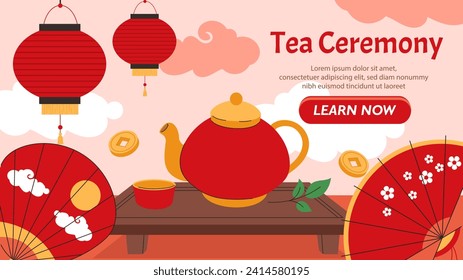 Tea ceremony banner. Red ceramics teapot with cup or mug. Hot drinks preparation. Traditional chinese breakfast and national elements. Landing page design. Cartoon flat vector illustration