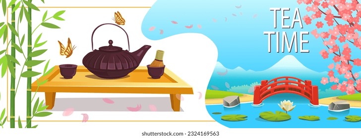 Tea ceremony. Brown ceramic tea kettle, teacups with a brush on wooden table. Beautiful Japanese nature, red bridge, lake with water lilies. Background with bamboo  Vector illustration for poster.