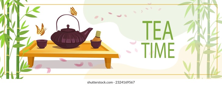 Ceremonia del té. Hervidor de té de cerámica marrón, tés con un cepillo sobre una mesa de madera. Fondo con bambú Vector ilustración para afiches, banner, volante, menú, publicidad.  