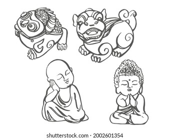 Tea ceremony. Buddha figurine. Vector hand drawn illustration.