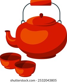 Tea ceremony cartoon icon. Red teapot and cups