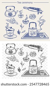 Cerimônia de chá, chá chinês, bule, gaiwan, tigelas, louças, conjunto de ilustrações, desenhado à mão, esboço vetorial,