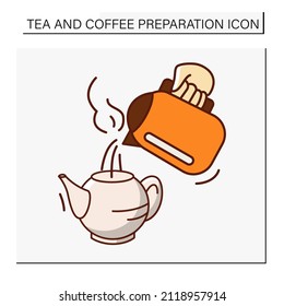  Tea ceremony color icon. Pour hot water from an electric kettle to a steel teapot. Tea and coffee preparation concept. Isolated vector illustration