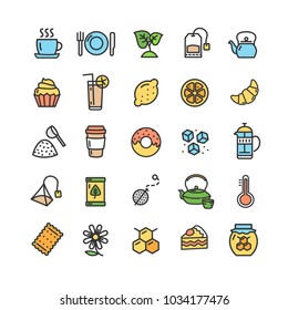 Tea Ceremony Color Thin Line Icon Set Isolated on White Background Include of Herbal and Lemon. Vector illustration