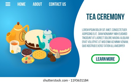 Tea ceremony concept banner. Isometric banner of tea ceremony vector concept for web, giftcard and postcard