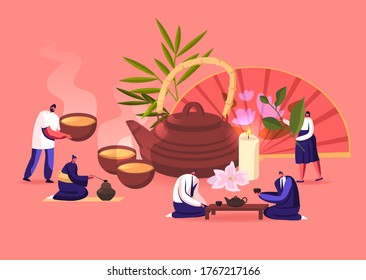 Tea Ceremony Concept. People Growing, Care, Collecting Produce Sell and Drink Tea. Tiny Male and Female Characters Enjoying Drinking Hot Beverage at Huge Clay Pot and Cups. Cartoon Vector Illustration