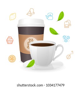 Tea Ceremony Concept with Realistic Detailed 3d White Cup To Go, Mug and Color Outline Icons. Vector illustration