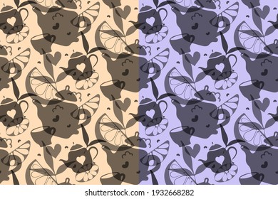 Tea ceremony concept seamless pattern, hand drawn teapot, cup, lemon slice, leaves, heart, grey transparent shapes, shadow silhouettes game. Transparent background. Vector illustration