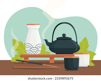 Konzept der Teezeremonie. Teekanne mit heißem Wasser. Schwarze Küchenutensilien in der Nähe von weißer Vase. Japan und China. Gesunde warme Getränke und Getränke. Cartoon-Flavektor-Vektorgrafik