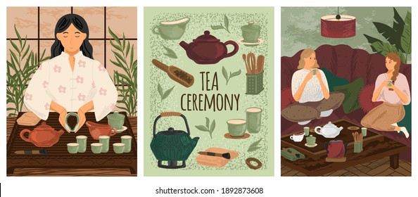 Tea ceremony concept vector posters. Traditional chinese way or tea. Friends drink hot tea at home. Gongfu ceremony utensils and accessories, teapot, cup, spoon. Asian chinese and japanese culture