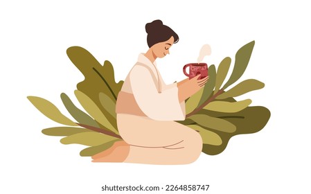 Tea ceremony concept with woman in traditional clothes sitting on knees and holding a tea cup