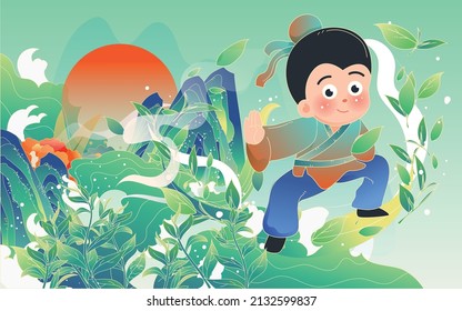 Tea ceremony, tea culture, Ching Ming Festival, picking tea in spring, children doing tai chi, vector illustration