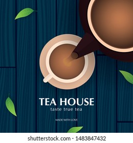 Tea Ceremony with cup and teapot. Black tea banner with leaves and wooden background
