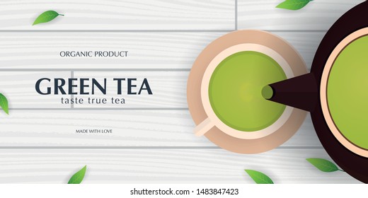 Tea Ceremony with cup and teapot. Green tea banner with leaves and wooden background