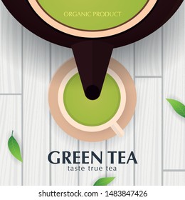 Tea Ceremony with cup and teapot. Green tea banner with leaves and wooden background