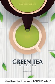 Tea Ceremony with cup and teapot. Green tea banner with leaves and wooden background