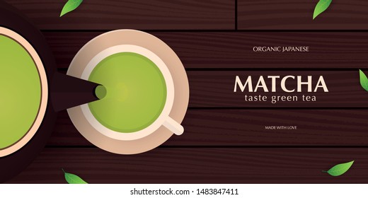 Tea Ceremony with cup and teapot. Matcha Japanese Green tea banner with leaves and wooden background