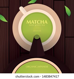 Tea Ceremony with cup and teapot. Matcha Japanese Green tea banner with leaves and wooden background
