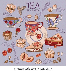 Tea ceremony cute collection cups, bakery, sweets, tea party hand drawn vector 