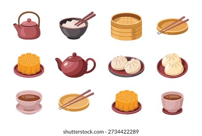 Tea ceremony and dim sum icons, clay teapot, mooncake pastry, steamer basket, bowl and spoon, cultural food festival vector