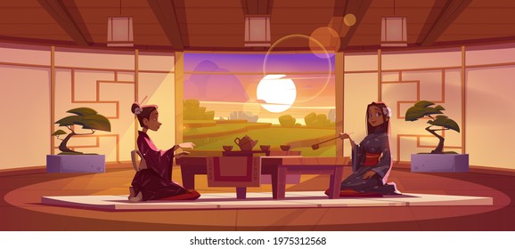 Tea ceremony in dojo room, women in traditional kimono sit at served low table on floor mat admire peaceful paddy dusk landscape in Japanese interior with authentic decor, Cartoon vector illustration